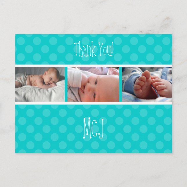 Baby monogram tack, polka dots meddelande vykort (Framsida)