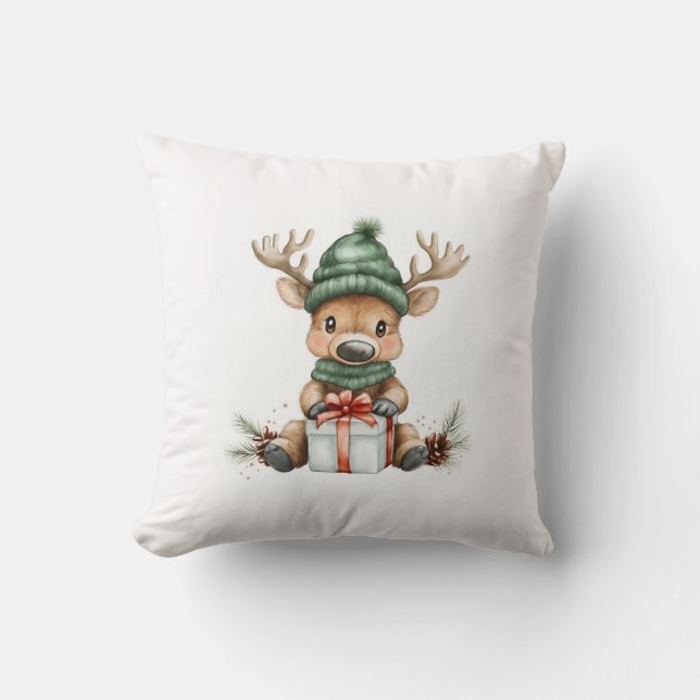 Baby Moose i Santa Hat med Gift Winter Helgdag Kudde (Framsida)