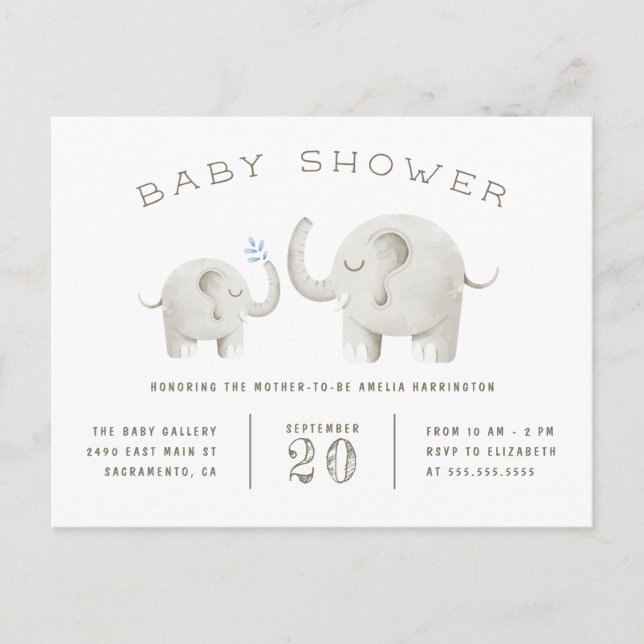 Baby & Mor Elephant Gender Neutral Baby Shower Inbjudan Vykort (Framsida)