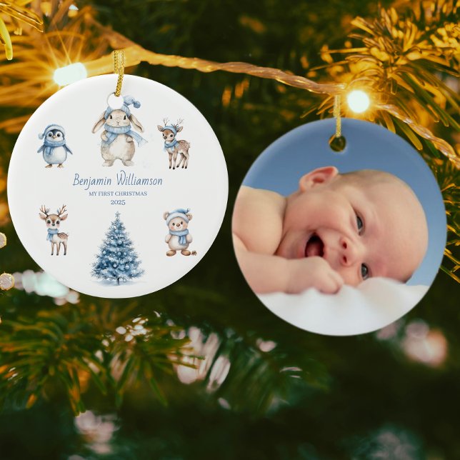 Baby My 1st Christmas Custom Woodland Blue Julgransprydnad Keramik (Skapare uppladdad)