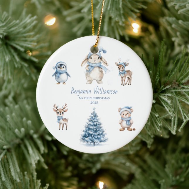 Baby My 1st Christmas Custom Woodland Blue Julgransprydnad Keramik (Träd)