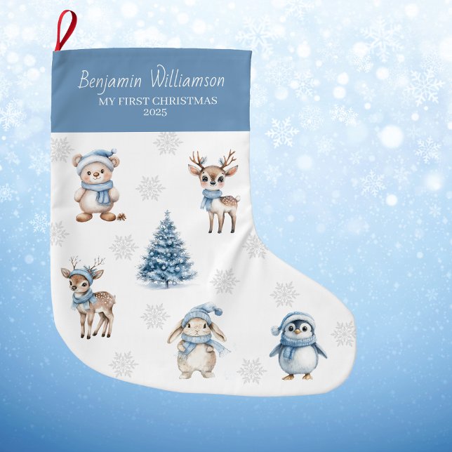 Baby My 1st Christmas Custom Woodland Blue Stor Julstrumpa (Skapare uppladdad)