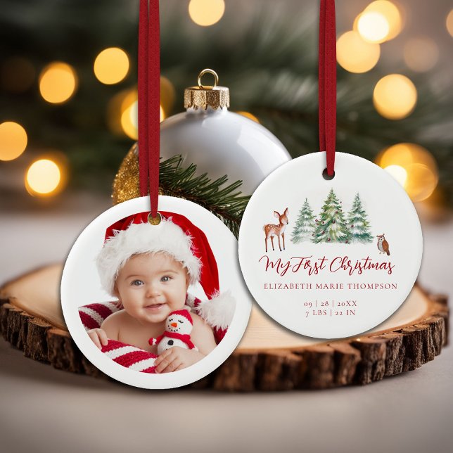 Baby My First Christmas Deer Owl Woodland Photo  Julgransprydnad Keramik (baby my first christmas ornament woodland deer owl trees baubles photo template red calligraphy)