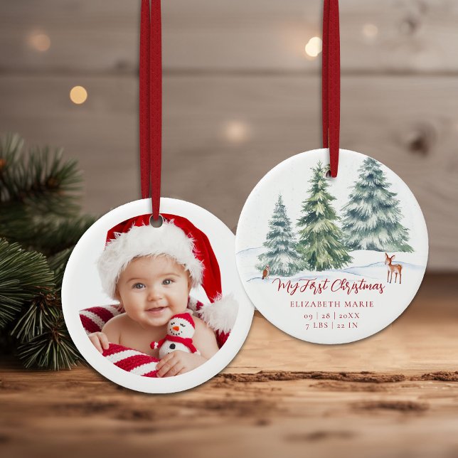 Baby My First Christmas Woodland Deer Owl Photo  Julgransprydnad Keramik (baby my first christmas ornament woodland deer owl trees baubles photo red calligraphy)