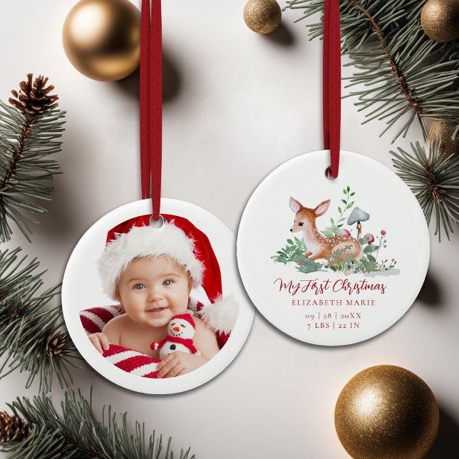 Baby My First Christmas Woodland Deer Photo  Julgransprydnad Keramik (baby my first christmas ornament woodland deer mushrooms photo template red calligraphy)
