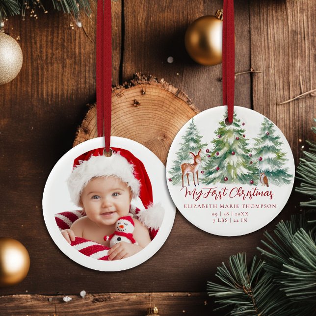 Baby My First Christmas Woodland Owl Deer Photo  Julgransprydnad Keramik (baby my first christmas ornament woodland deer owl frozen wonderland photo template red calligraphy)