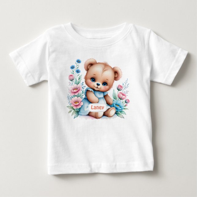 Baby Nalle med blommigtar med vattenfärg T Shirt (Framsida)
