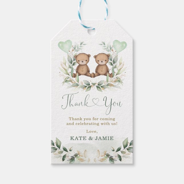 Baby Nalle Twillingar Greenery Guld Eucalyptus Presentetikett (Framsidan)