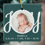 Baby Name Birth Stats Photo Green Keepsake Julgransprydnad Keramik<br><div class="desc">This cute Baby's Birth Stats Christmas Photo Ornament is decorated with the word JOY in stylish script typography on a green background.
Easily customizable with your photo,  name,  and baby's birth stats.</div>