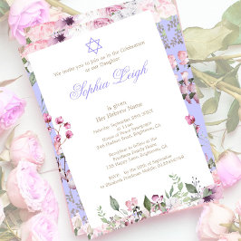 Baby Naming Ceremony Hebrew Girl Blommigt Lila Inbjudningar
