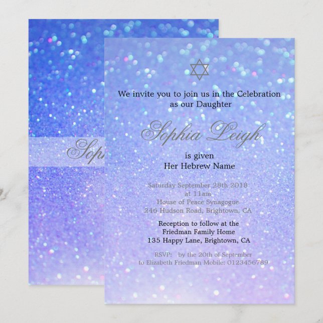 Baby Naming Ceremony Hebrew Girl Glitter Inbjudningar (Fram/baksida)