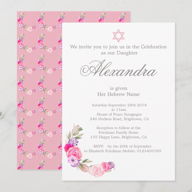 Baby Naming Ceremony Hebrew Girl Rosa Investigatio Inbjudningar (Fram/baksida)