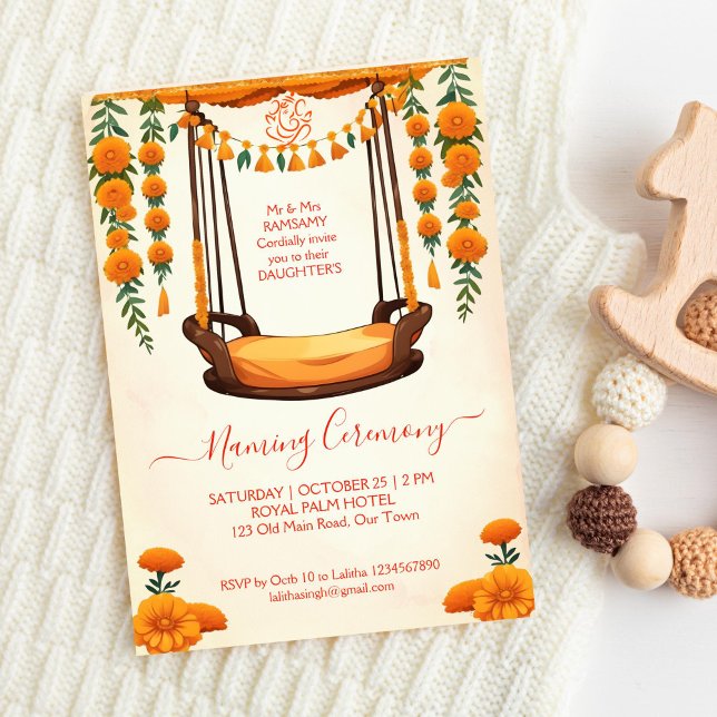 Baby Naming Cradle Indian Ceremony-mall Inbjudningar (Baby Naming Cradle Indian Ceremony template invitation digital download marigold decor baby Namkaran)