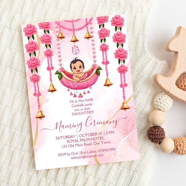 Baby Naming Cradle Indian Ceremony rosa Malle Inbjudningar (Baby Naming Cradle Indian Ceremony pink template invitation digital download cute baby pink flowers)