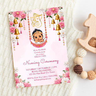 Baby Naming Cradle Indian Ceremony rosa Malle Inbjudningar