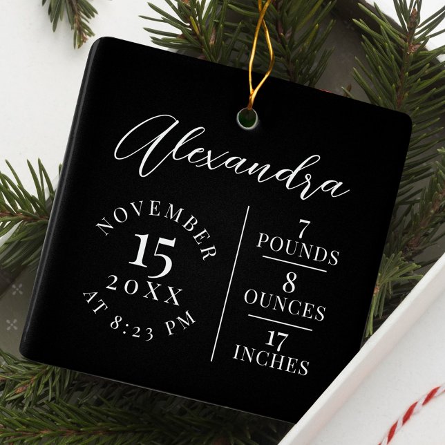 Baby Namn & Birth Stats Photo Black Keepsak Julgransprydnad Keramik (Baby Name & Birth Stats Photo Black Keepsake Ceramic Ornament)