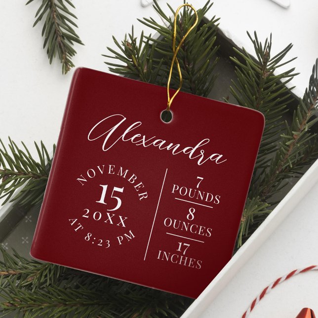 Baby Namn & Birth Stats Photo Burgundy Keepsaky Julgransprydnad Keramik (Baby Name & Birth Stats Photo Burgundy Keepsake Ceramic Ornament)