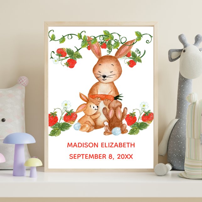 Baby Namn Birthday Baby Bunny Strawberry Nursery Poster (Mama Bunny Baby Bunny Strawberries Personalized Nursery Wall Art digital or printed.)