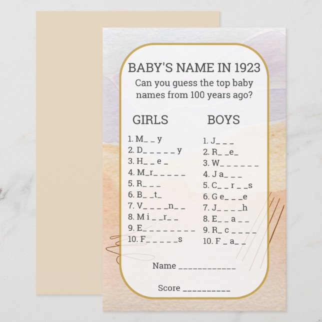 Baby Namn Fyll i det Tomma Roligt Baby Shower Spel (Fram/baksida)