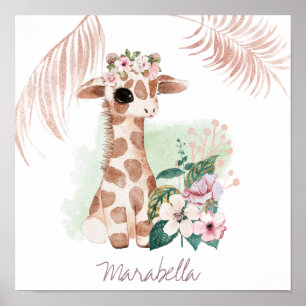 *~* Baby Namn Giraff Rosa Guld Tjej Dschungel Söt Poster