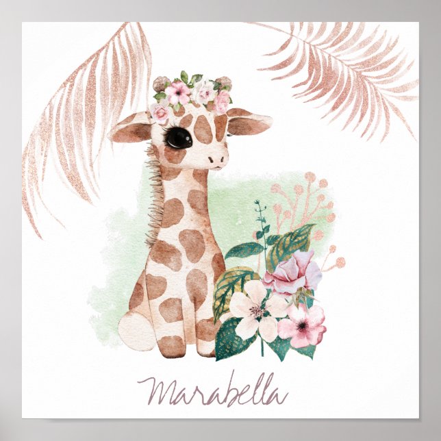 *~* Baby Namn Giraff Rosa Guld Tjej Dschungel Söt Poster (Framsidan)