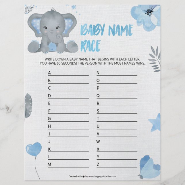 Baby Namn Tävling [Baby Elephant [Blue] Brevhuvud (Framsida)