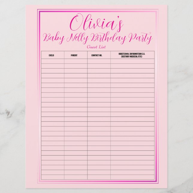 Baby Nelly Födelsedagsfest Guest List (Framsida)