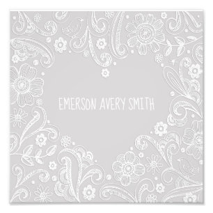 Baby Neutralt Grått White Heart Namn Fototryck