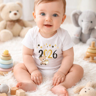 Baby New Year 2026 Teddy Bear Bodysuit ,Gold black T Shirt