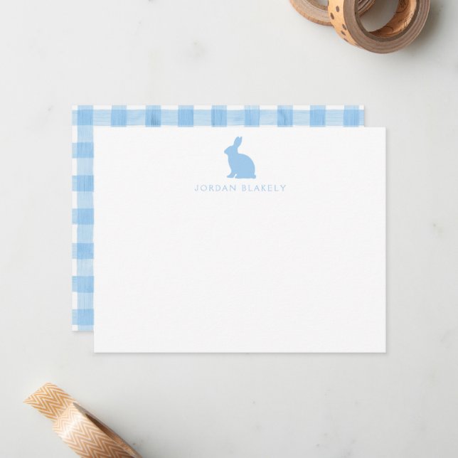 Baby Note Card, Light Blue Bunny Gingham Flat Anteckningskort (Fram/Back In Situ)