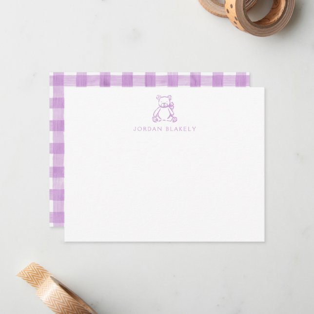 Baby Note Card, Purple Teddy Bear Gingham Flat Anteckningskort (Fram/Back In Situ)