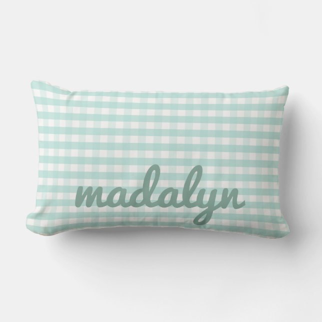 Baby Nursery Pastel Mint Grönt Gingham Lumbarkudde (Framsida)