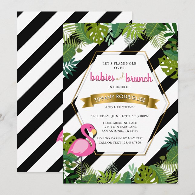 Baby- och frunchtwillingarFlamingobaby shower Inbjudningar (Fram/baksida)