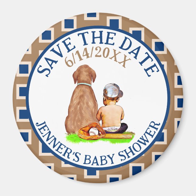 Baby och hund baseboll Baby Shower Spara datum Magnet (Framsidan)