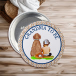 Baby och Hund Baskeball Baby Shower Grandma to be Knapp<br><div class="desc">Brun och blå personligs mormor att bli knapp med pojke sitta bredvid en hund med ett basebolltema.</div>