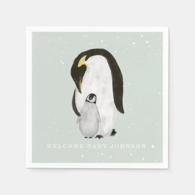 Baby och Mamma Penguin Blue Winter Boy Shower Pappersservett (Framsidan)
