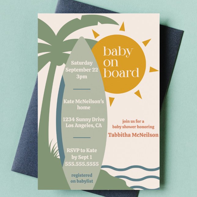 "Baby ombord" Beach Surfing Ocean Baby Shower Inbjudningar ("baby on board" surfing ocean gender neutral baby shower nautical surfboard tropical invitation)