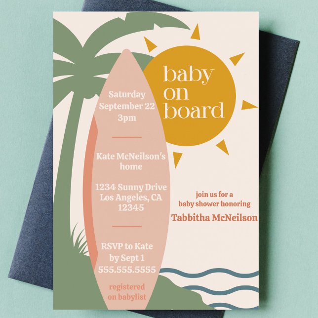 "Baby ombord" Beach Surfing Ocean Baby Shower Inbjudningar ("baby on board" cute surfing ocean theme baby girl shower nautical sea surfboard tropical invitation)