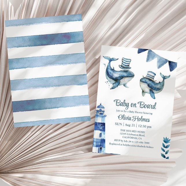 "Baby ombord" Navy Nautical Baby Shower Inbjudningar ("Baby on Board" Navy Nautical Baby Shower Invitation on a sunny neutral dry palm leaf.)