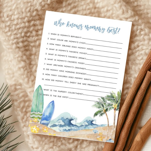 Baby ombord på Beach Baby som vet Mamma Best Game (Surfing Summer Boy Baby Shower Who knows Mommy Best Game)