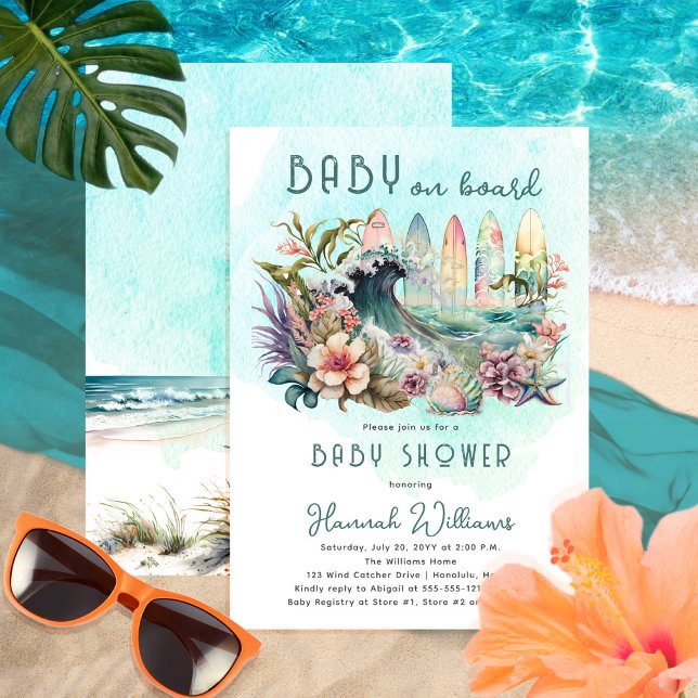 Baby ombord på Blommigten för tropisk surfing Baby Inbjudningar (Skapare uppladdad)