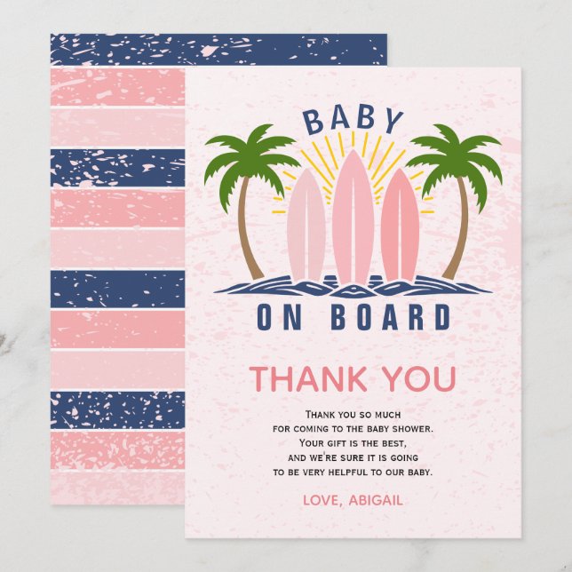 Baby ombord på duschen vid stänk rosa flicka tack kort (Fram/baksida)