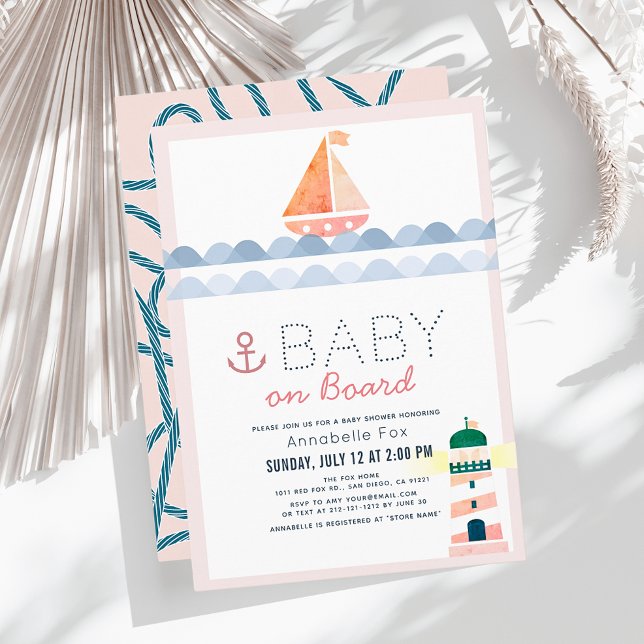 Baby ombord på Nautical Rosa Girl Baby Shower Inbjudningar (Skapare uppladdad)