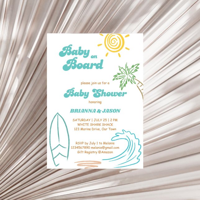 Baby ombord på retro doodle surfdusch för barn inbjudningar (Baby on board retro doodle sketch summer surfing baby shower invitation template instant download)