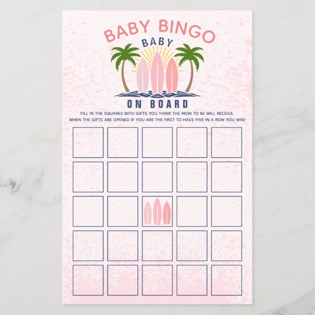 Baby ombord på rosa Flickdusch Bingo-spel Flygblad (Framsidan)