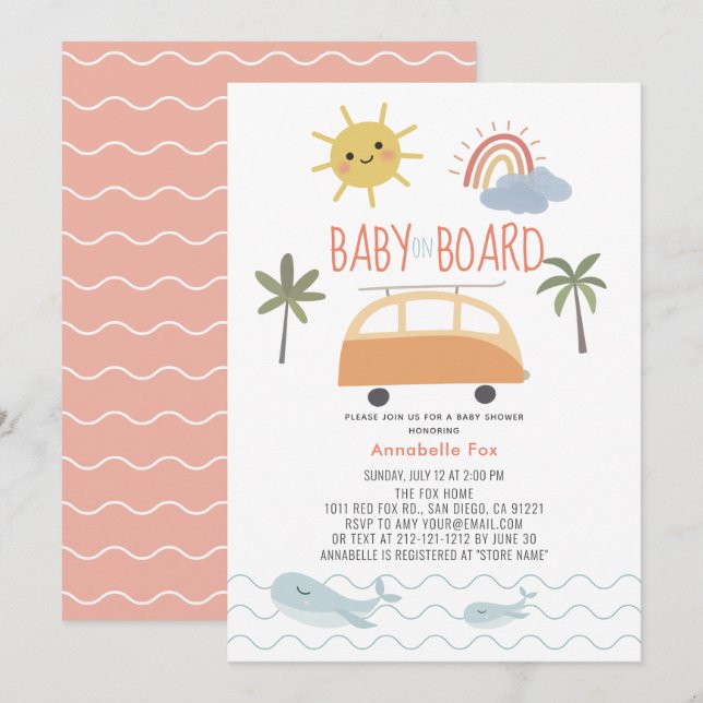 Baby ombord på Sunshine Rainbow Van Baby Shower In Inbjudningar (Fram/baksida)
