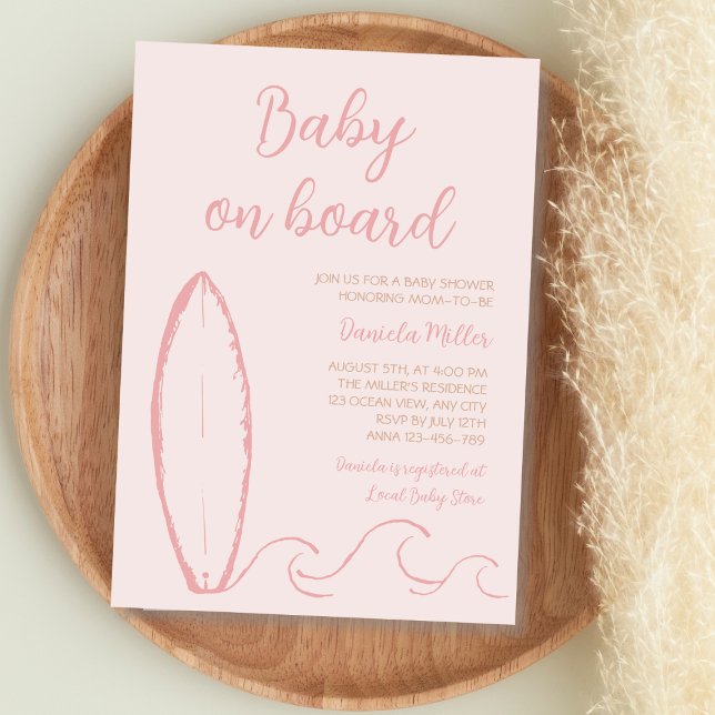 Baby ombord på Surfa Hand plockade Flicka Inbjudningar (Baby On Board Surf Hand Drawn Baby Girl Shower Invitation)