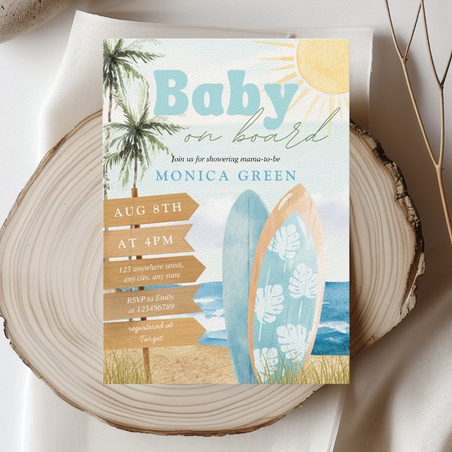 Baby ombord på Surfan Beach Coastal Cute Baby Show Inbjudningar (Baby on Board Surfing Surfboard Baby Shower Boy Pastel Colors Ocean Beach Coastal Aesthetic)