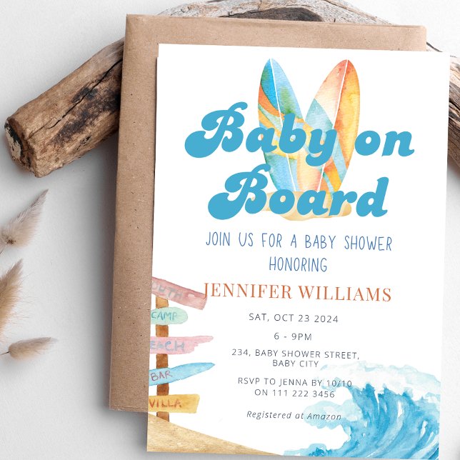 Baby ombord på Surfan Bebisdusch för havets  Inbjudningar (Baby on Board Surf Ocean Sea Baby Shower Invitation)