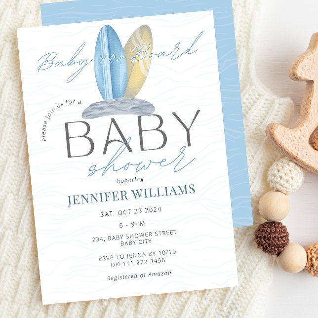 Baby ombord på Surfan Bebisdusch för havets  Inbjudningar (Baby on Board Surf Ocean Sea Baby Shower Invitation)